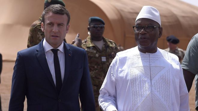 French President Emmanuel Macron arrived in Mali for a short visit on Friday, meeting President Ibrahim Boubacar Keita