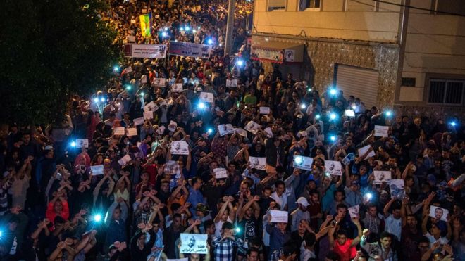 Protesters in al-Hoceima held aloft pictures of Nasser Zefzafi