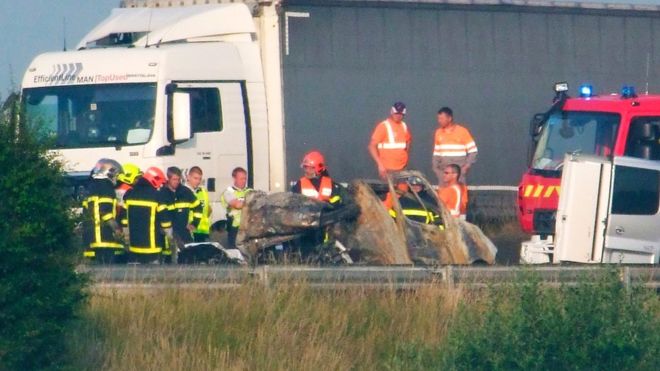 The van driver ploughed into the back of a heavy goods vehicle east of Calais