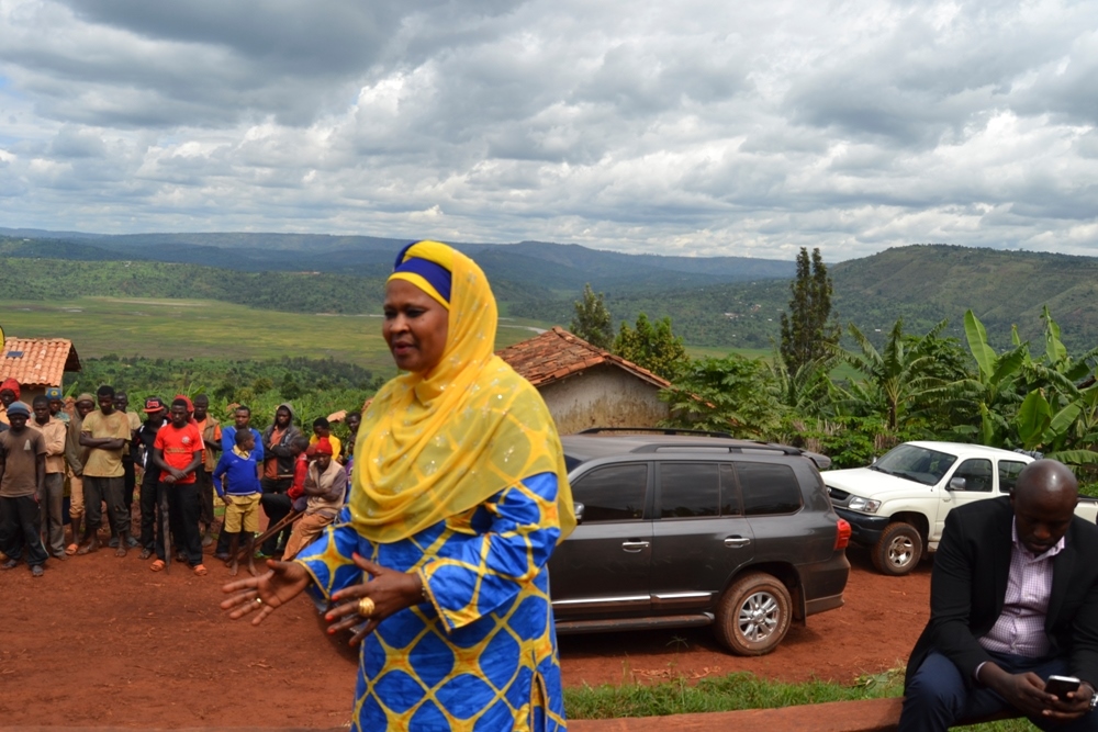 The chairperson of MTN Foundation, Zulfat Mukarubega addressing beneficiaries yesterday.