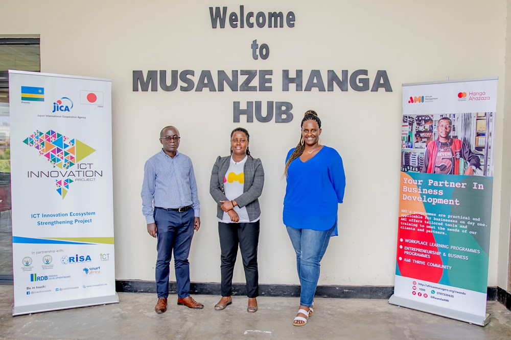 (R to L) Aimable Rwigamba, the Manager of Musanze Innovation and Employment service Center; Clementine Mukamana, AMI's Growth Guide and Isabelle Sindayirwanya, AMI's Sourcing & Marketing Manager at Musanze Hanga Hub.