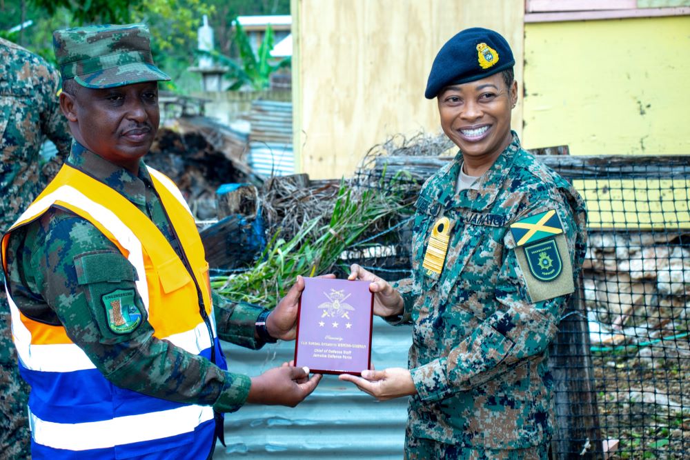 Vice Admiral Wemyss-Gorman was received by Col Moses Kayigamba, Commander of the RDF Engineer Contingent, who briefed her on the progress of reconstruction activities being carried out in St James and Trelawny Parishes.