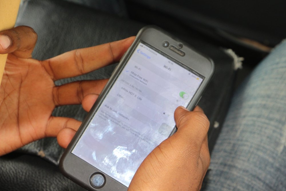 A passenger's smartphone connected to Moja Free WiFi