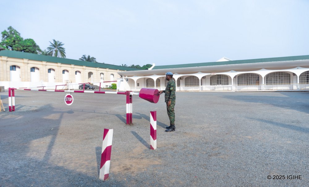 Rwandan soldiers are stationed at the gates of the Palais de la Renaissance.