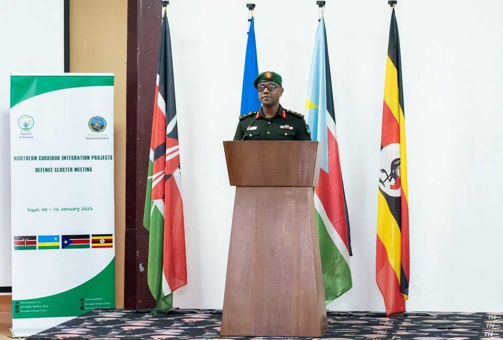 Brigadier General Patrick Karuretwa, Director General of International Military Cooperation in the Ministry of Defence delivering his remarks at the meeting.