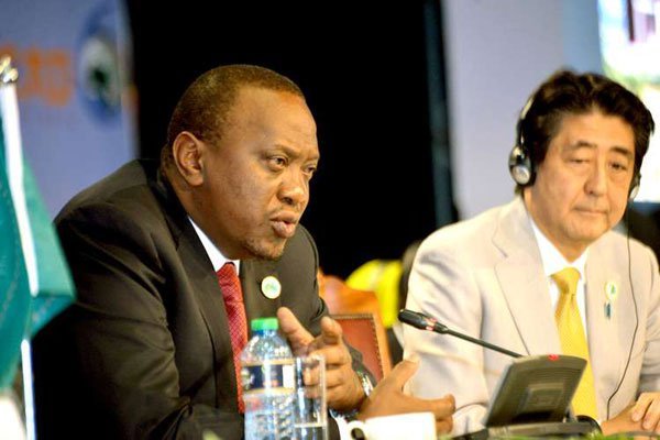 President Uhuru Kenyatta and Japanese Prime Minister Shinzo Abe during a joint press conference at the close of the 6th Tokyo International Conference on African Development in Nairobi on August 28, 2016.