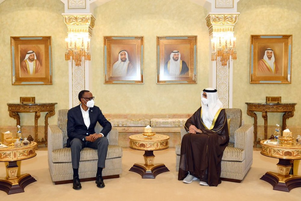 President Paul Kagame with Sheikh Shakhboot bin Nahyan Al Nahyan, Minister of State of Foreign Affairs and International Cooperation.