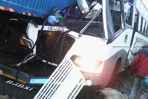 Two people died on Saturday night, June 18, 2016 when this bus carrying members of the SDA Church collided head on with a truck near River Kuja bridge along Rongo-Migori road. Several others sustained injuries were taken to Rongo and Awendo hospitals for treatment.