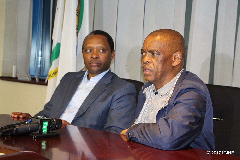 The CEO of RGB, Prof Shyaka Anastase and Prime Minister of Free State Province, Ace Magashule speaking to the media yesterday.