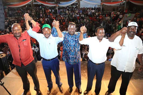 Opposition leaders (from left) Nick Salat, Moses Wetang'ula, Raila Odinga, Kalonzo Musyoka and Musalia Mudavadi during the unveiling of the National Super Alliance at Bomas of Kenya on January 11, 2017.