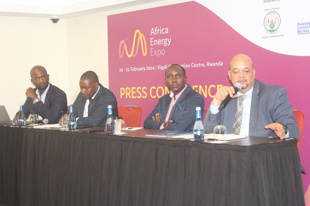 From left to right: Azzan Mohamed, Group Director – MEA Energy Portfolio, Informa Markets; Frank Murangwa, Director of Destination Marketing at Rwanda Convention Bureau; Serge Wilson Muhizi, Chief Executive Officer, Energy Private Developers Rwanda; and Gen. Cesar, Chief Technical Advisor in charge of Energy, Water, and Sanitation, briefing the media about the upcoming event.