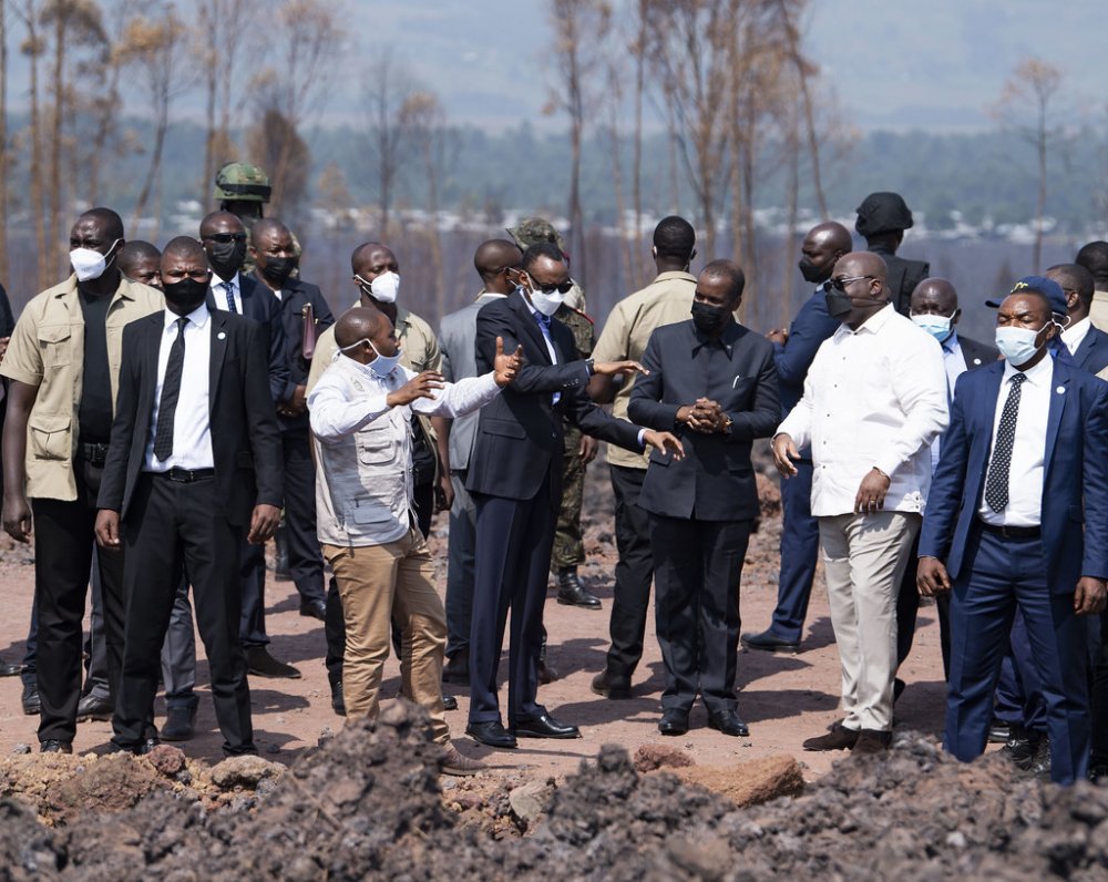 President Paul Kagame and his counterpart of DRC inspecting damages caused by Nyiragongo volcano in June 2021. 