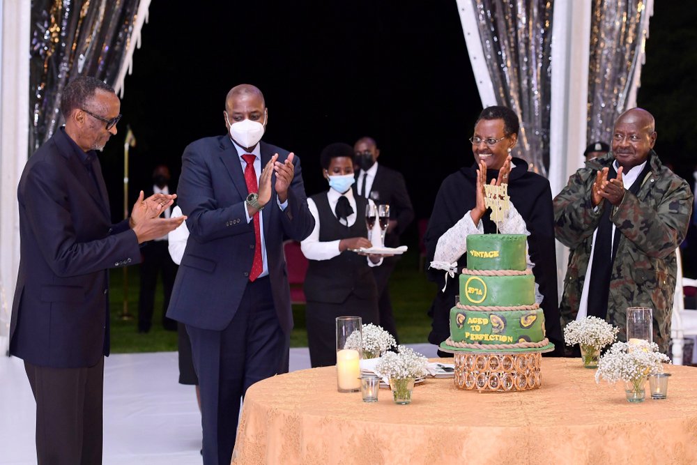 From left to right: President Kagame, Lt Gen Muhoozi, Janet Museveni and Yoweri Kaguta Museveni during birthday celebrations. 