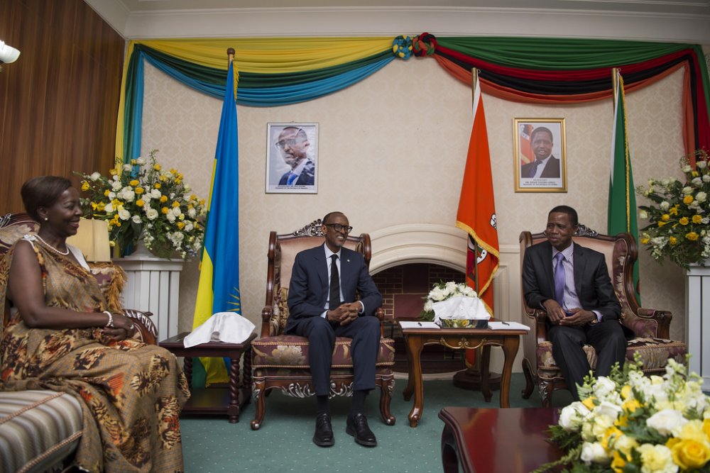 Rwanda's Foreign Affairs Minister ,Louise Muhikiwabo, President Paul Kagame and his counterpart of Zambia, President Edgar Lungu in Talks at State House yesterday.