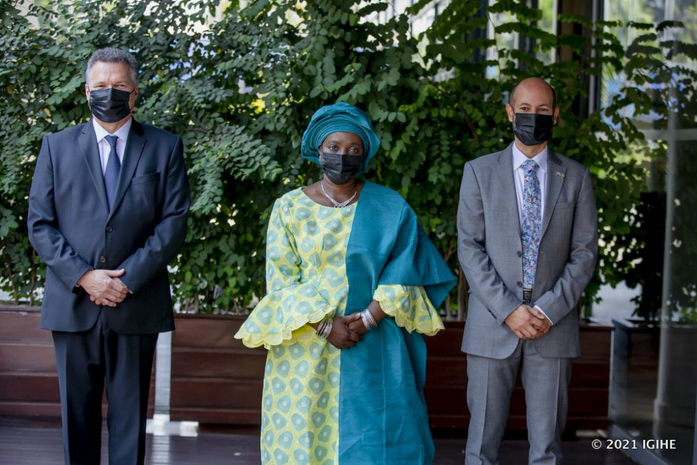 From left; Antoine Anfré of France, Aishatu Aliyu Musa and Omar Daair of the United Kingdom in a group photo after presenting credentials to President Paul Kagame.  