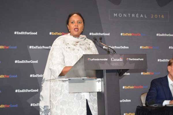 Foreign Affairs Cabinet Secretary Amina Mohamed reading a speech on behalf of President Kenyatta during the Global Fund Replenishment conference in Montreal, Canada on September 16, 2016.