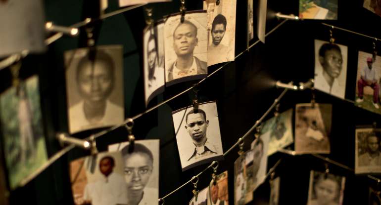 Photographs of some of those who died in the 1994  genocide against Tutsi hang in a display in the Kigali Genocide Memorial Centre.