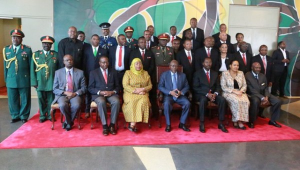 PRESIDENT John Magufuli poses for a souvenir photo with the newly appointed regional commissioners after swearing them in at a colourful ceremony held at the State House in Dar es Salaam on Tuesday. Third left (seated) is the Vice-President, Ms Samia Suluhu Hassan. (Photo by Mohamed Mambo)