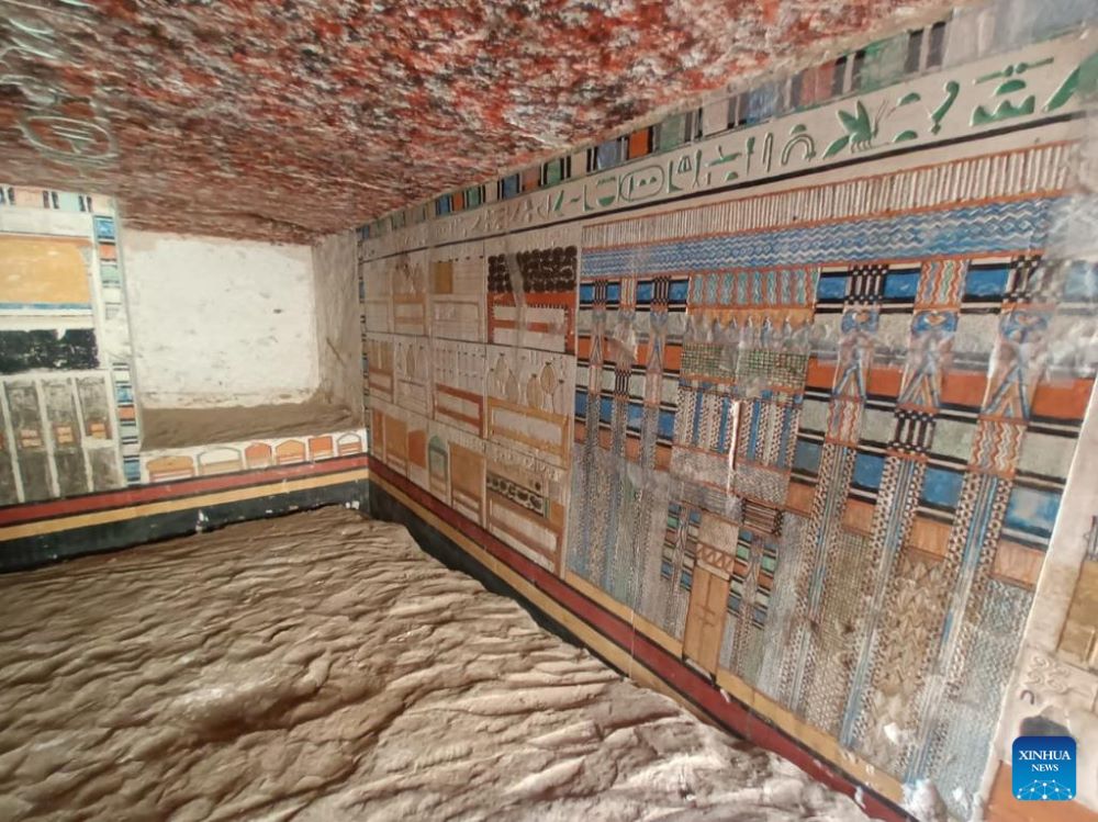 The undated photo shows colorful reliefs on walls of a mastaba discovered at the Saqqara archaeological site, south of Cairo, Egypt. A joint French-Swiss archaeological mission has discovered an over 4,000-year-old mastaba at the Saqqara archaeological site, the Egyptian Ministry of Tourism and Antiquities said in a statement on Jan. 6. (Egyptian Ministry of Tourism and Antiquities/Handout via Xinhua)