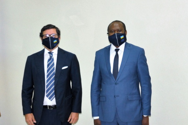 Nicola Bellomo, head of the EU delegation to Rwanda with  the Minister of Finance and Economic Planning, Dr. Uzziel Ndagijimana
