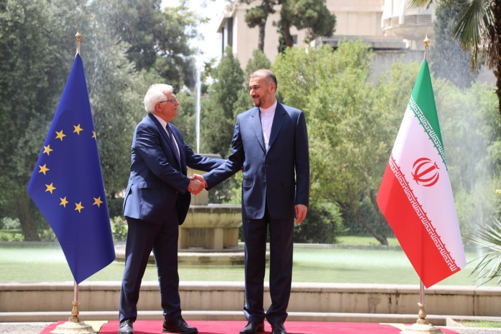 Iranian Foreign Minister Hossein Amir-Abdollahian (R) shakes hands with European Union foreign policy chief Josep Borrell during their meeting in Tehran, Iran, on June 25, 2022. (Iranian Foreign Ministry/Handout via Xinhua)