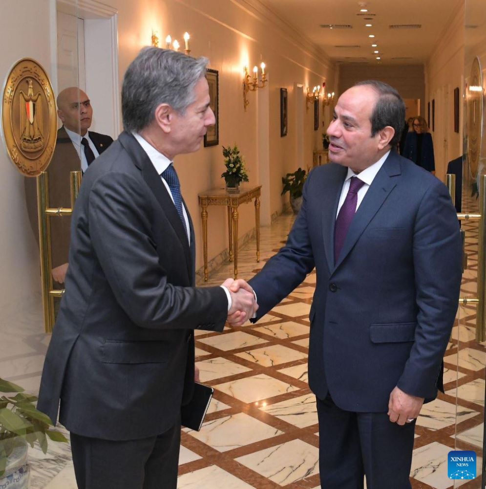 Egyptian President Abdel-Fattah al-Sisi (R, Front) shakes hands with U.S. Secretary of State Antony Blinken during their meeting in Cairo, Egypt, on Feb. 6, 2024. Egyptian President Abdel-Fattah al-Sisi and U.S. Secretary of State Antony Blinken discussed efforts to end the conflict in Gaza and deliver humanitarian aid to the Palestinians on Tuesday, the Egyptian presidency said. (Egyptian Presidency/Handout via Xinhua)