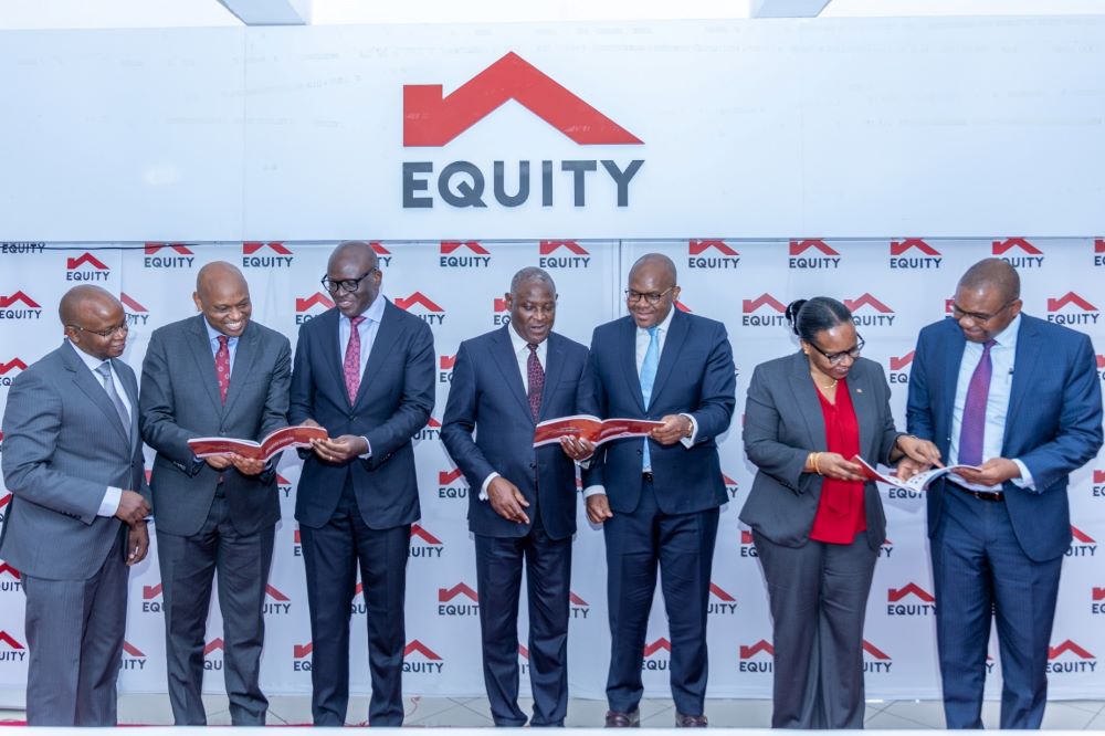 From Left to Right: Equity Bank South Sudan Ag. Managing Director, James Kiarie, Equity Bank Rwanda Managing Director, Hannington Namara, Equity Bank Kenya Managing Director, Moses Nyabanda, Equity Group Managing Director and CEO, Dr. James Mwangi, EquityBCDC Managing Director, Willy Mulamba, Equity Bank Tanzania Managing Director, Isabela Maganga, and Equity Bank Uganda Managing Director, Gift Shoko, during the Q3 2025 Investor Briefing event on Thursday.
