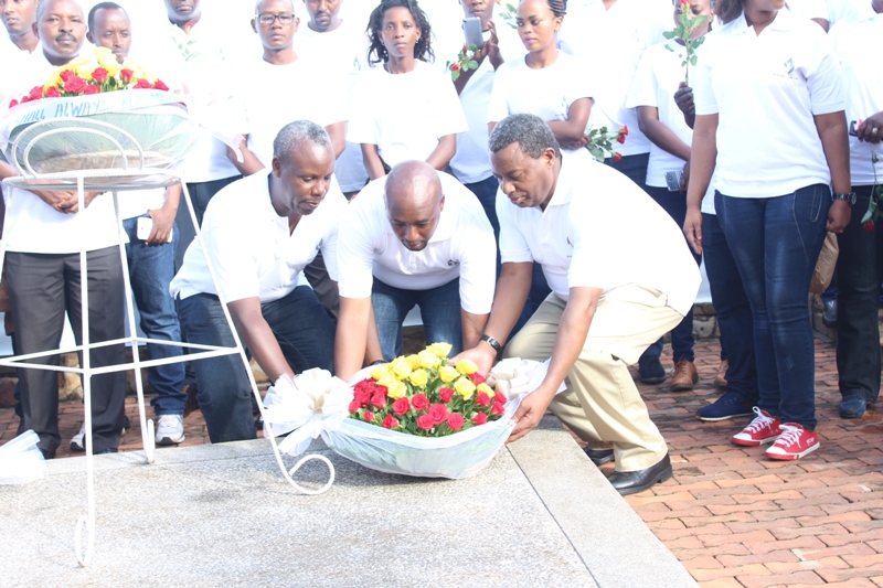 The management of A.T.P.R (Asociation des Transporteurs des Personnes au Rwanda laying wreaths at Gisozi memorial yesterday