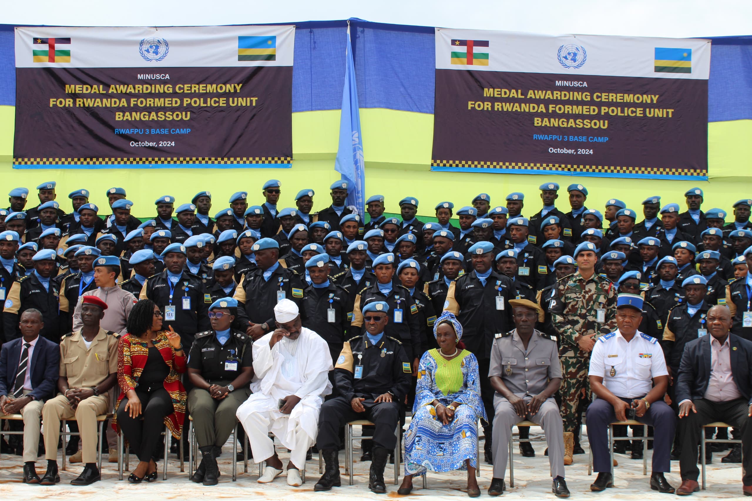  Rwandan Police peacekeepers serving underMINUSCA, were on Tuesday, October 15, decorated with Service Medal for their dedicated service and sacrifice to international peace.