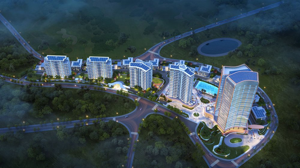 From an aerial perspective at dusk, the Ramba Hills development will feature two signature high-rise towers—one rising 26 floors, the other 24—complemented by several mid-rise buildings ranging from 10 to 16 floors, thoughtfully distributed across the site.