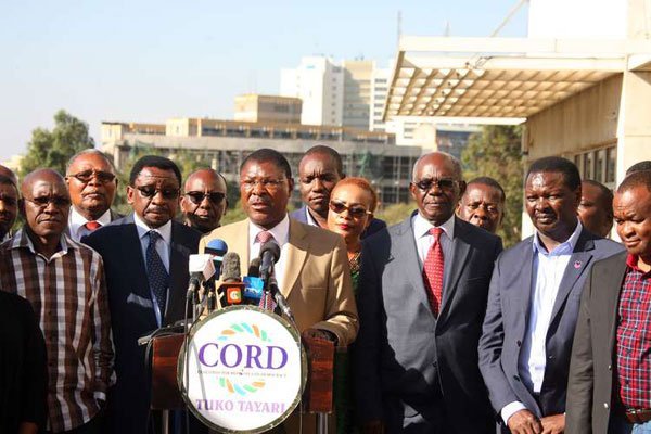 Bungoma Senator Moses Wetang’ula (centre) leads Cord parliamentarians in addressing journalists at Capitol Hill Towers in Nairobi on December 19, 2016.