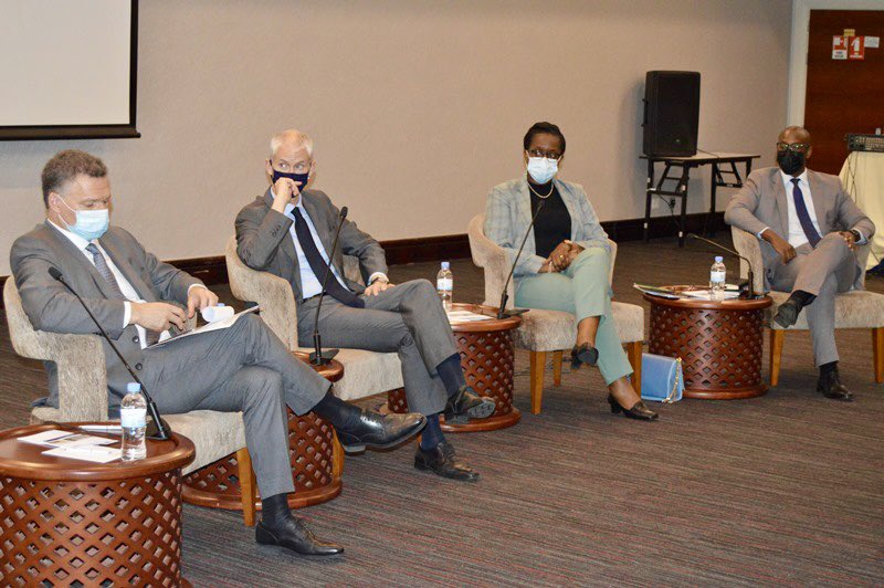 French ambassador to Rwanda, Antoine Anfré (left), French Trade Minister, M. Franck Riester (in the middle) and Rwanda's Minister of Trade and Industry, Beata Habyarimana during discussions to explore business opportunities.  
