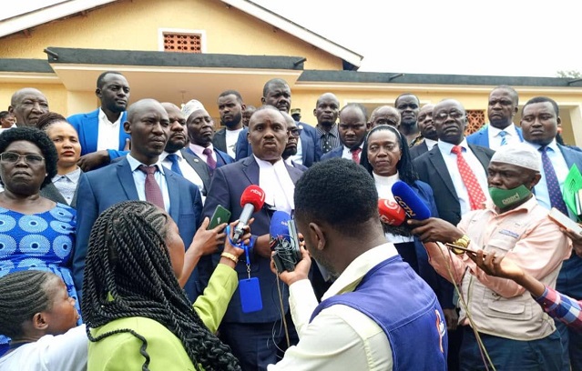 Besigye’s lawyers addressing journalists in Kampala, Uganda.