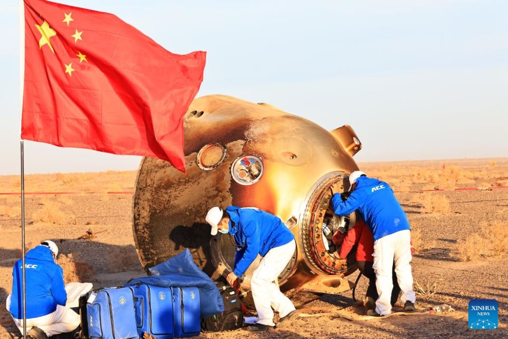 The return capsule of the Shenzhou-16 manned spaceship touches down at the Dongfeng landing site in north China's Inner Mongolia Autonomous Region Oct. 31, 2023. The return capsule of the Shenzhou-16 manned spaceship, carrying astronauts Jing Haipeng, Zhu Yangzhu and Gui Haichao, touched down at the Dongfeng landing site in north China's Inner Mongolia Autonomous Region on Tuesday. (Xinhua/Li Gang)