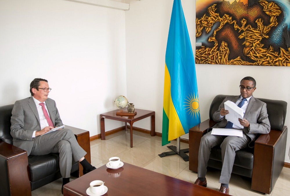 Minister Biruta with Ambassador Bert Versmessen after receiving copies of credentials.   to represent Belgium to Rwanda.