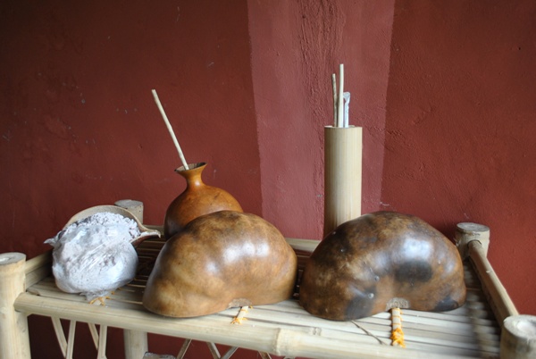 Some of displayed tools used to drink local banana brew.