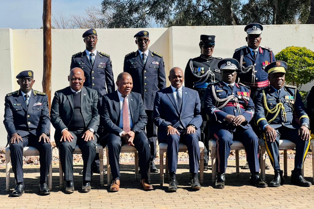 Seated: Dr. Mokgweetsi Eric Keabetswe Masisi, President of the Republic of Botswana (blue necktie), His Honor Slumber Tsogwane, the Vice President of Botswana (immediate right), Thomas Kagiso Mmusi, the Minister of Defense and Secutity for Botswana, IGP Felix Namuhoranye, Mr. Phemelo Ramakorwane, the Acting Police Commissioner for Botswana Police Service, and Maj Gen Elias Mutota, the DIGP-Operations for Namibia Police Force.