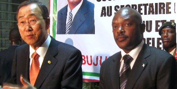 UN chief Ban Ki-moon addresses the media as Burundian President Pierre Nkurunziza looks on in June 9, 2010, during his brief stopover in the capital Bujumbura. Mr Moon condemned the killings on Saturday and called for a full investigation.