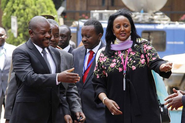 Burundi's President Pierre Nkurunziza is welcomed by Kenya's Foreign Affairs Cabinet Secretary Amina Mohammed at KICC on February 20, 2015 for the East Africa Head of State summit.