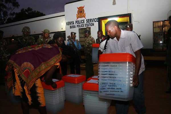 ODM Busia elections officials prepare to dispatch materials to various polling stations in the county on April 13, 2017. Governor Sospeter Ojaamong is fighting for his survival against outgoing Funyula MP Paul Otuoma.
