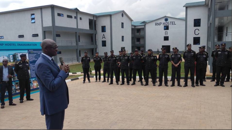 Busingye speaks to Police Officers at the inauguration of the hostels