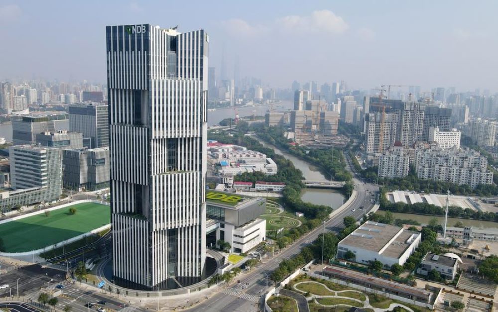 This aerial photo taken on Sept. 28, 2021 shows the headquarters building of New Development Bank (NDB) in east China's Shanghai. (Xinhua/Fang Zhe)