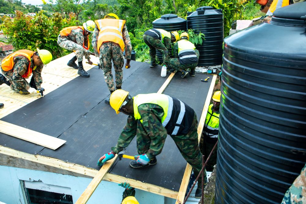 Accompanied by Col Moses Kayigamba, the JDF Chief of Defence Staff toured several reconstruction sites where engineers from both forces are rebuilding homes affected by the hurricane.