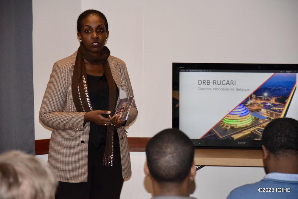 Grâce Nyinawumuntu, the First Counselor at the Embassy of Rwanda to the Kingdom of Belgium, taking event participants through the comprehensive support provided to investors in Rwanda.