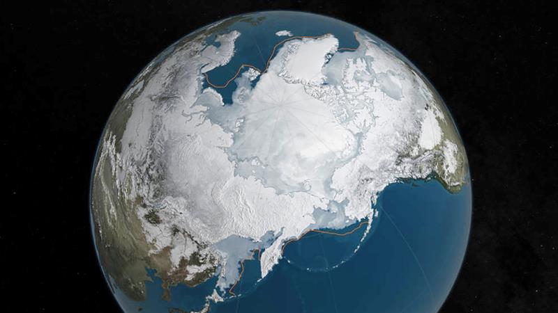 A NASA illustration shows Arctic sea ice at a record low wintertime maximum extent