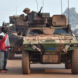 French Sangaris forces patrolling in the Muslim PK 5 district in Bangui, as people go to the polls to take part second round of the presidential and legislative elections in the Central African Republic on February 14, 2016.