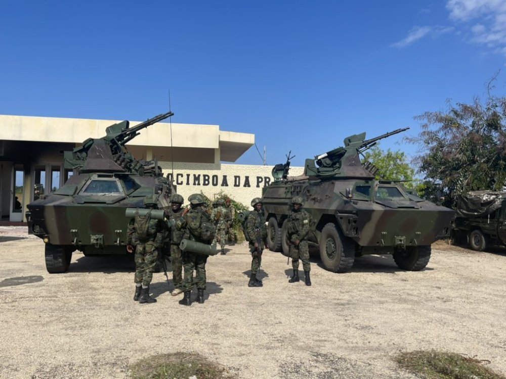 Rwandan soldiers with armoured vehicles used to fight insurgents in Mozambique.