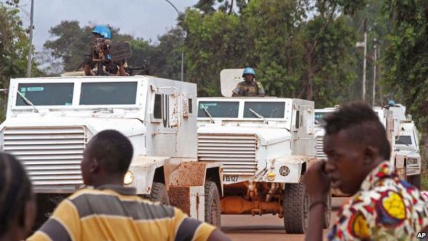 UN peacekeeping soldiers on patrol in the city of Bangui, Central African Republic.