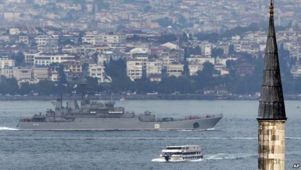 A Russian warship passes through the Bosphorus, in Istanbul, en route to the Mediterranean Sea, Oct. 6, 2015.