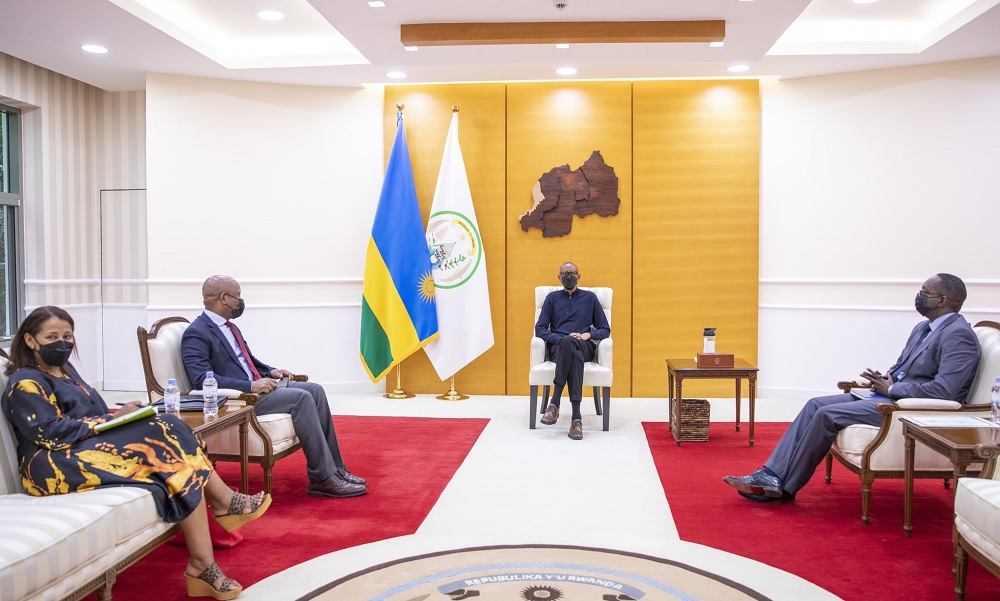 Dr. John Nkengasong and Prof. Senait Fisseha along with Rwanda's Minister of Health, Dr. Daniel Ngamije at Village Urugwiro. 